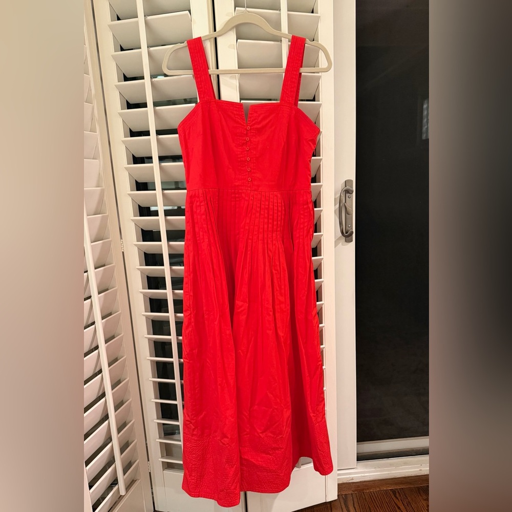 THE GREAT. Bright Red Sleeveless Midi Dress with Buttoned Bodice